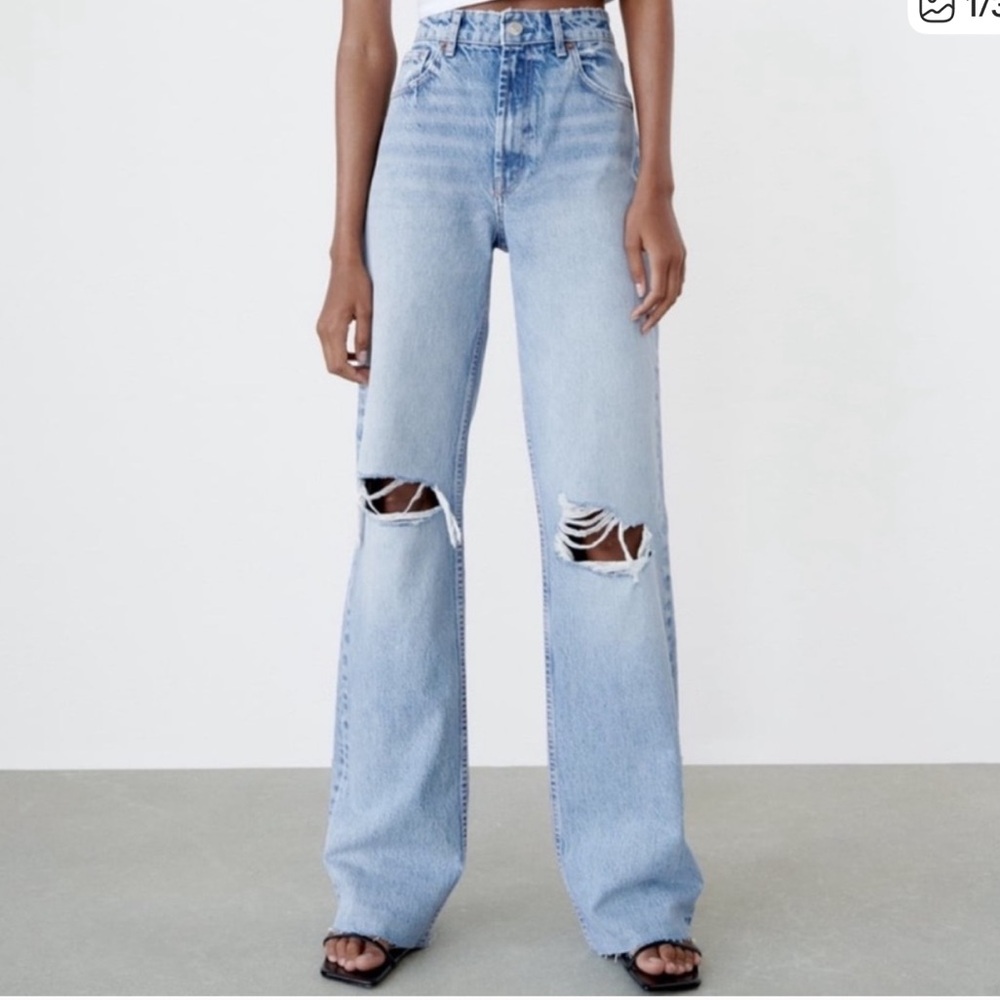 Zara Sky Blue Ripped Wide Leg Jeans